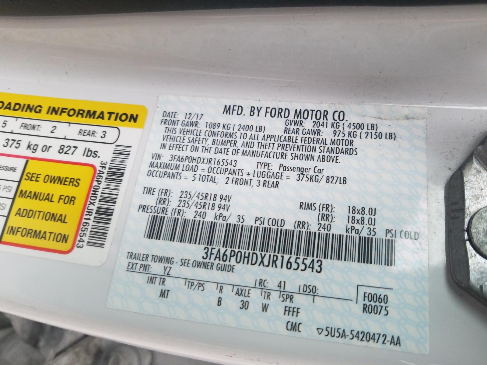 Photo 10 from auction – 2018 FORD FUSION SE with VIN 3FA6P0HDXJR165543