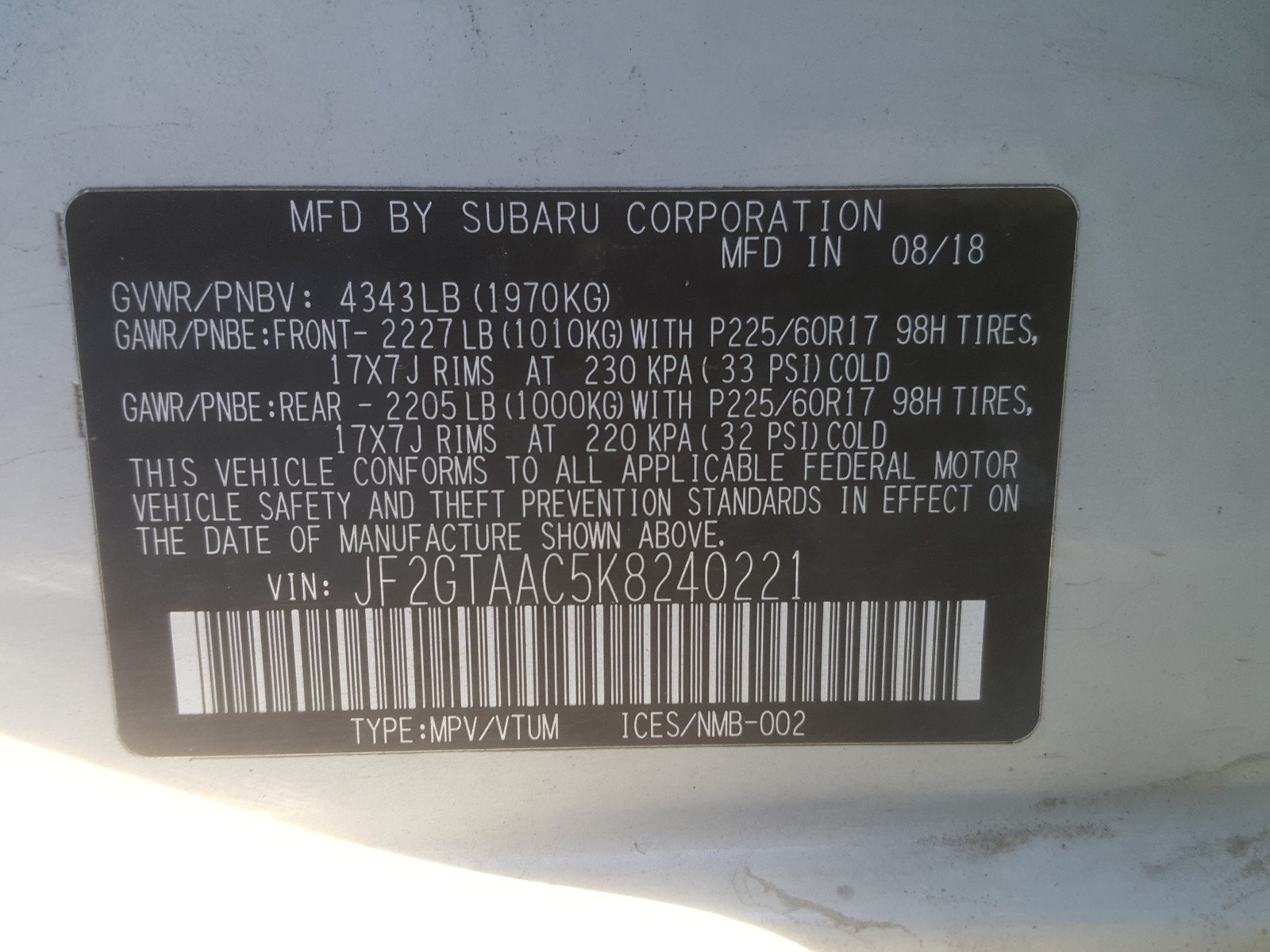 Photo 10 from auction – 2019 SUBARU CROSSTREK with VIN JF2GTAAC5K8240221