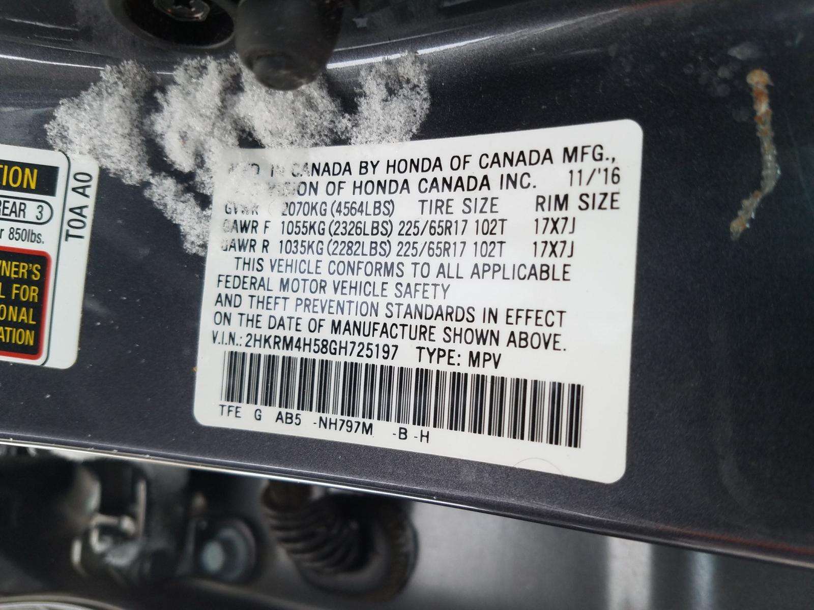 Photo 10 from auction – 2016 HONDA CR-V EX with VIN 2HKRM4H58GH725197