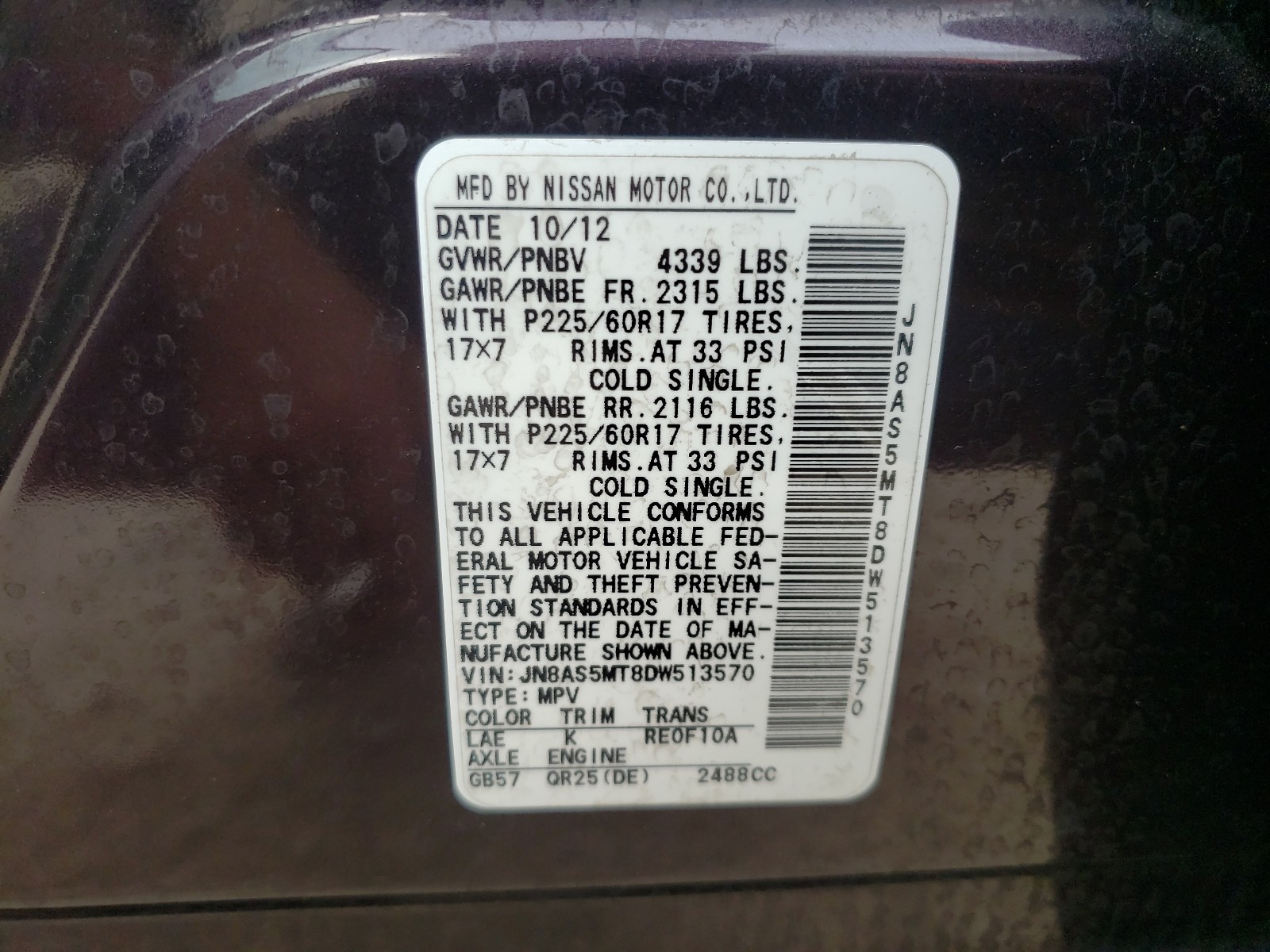 Photo 10 from auction – 2013 NISSAN ROGUE S with VIN JN8AS5MT8DW513570