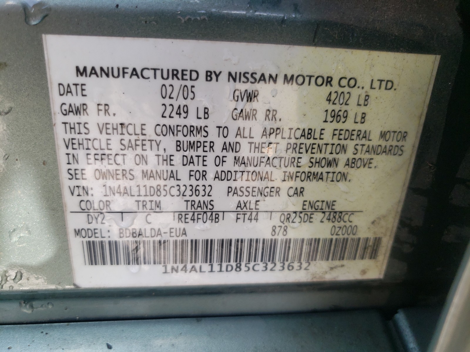 Photo 10 from auction – 2005 NISSAN ALTIMA S with VIN 1N4AL11D85C323632