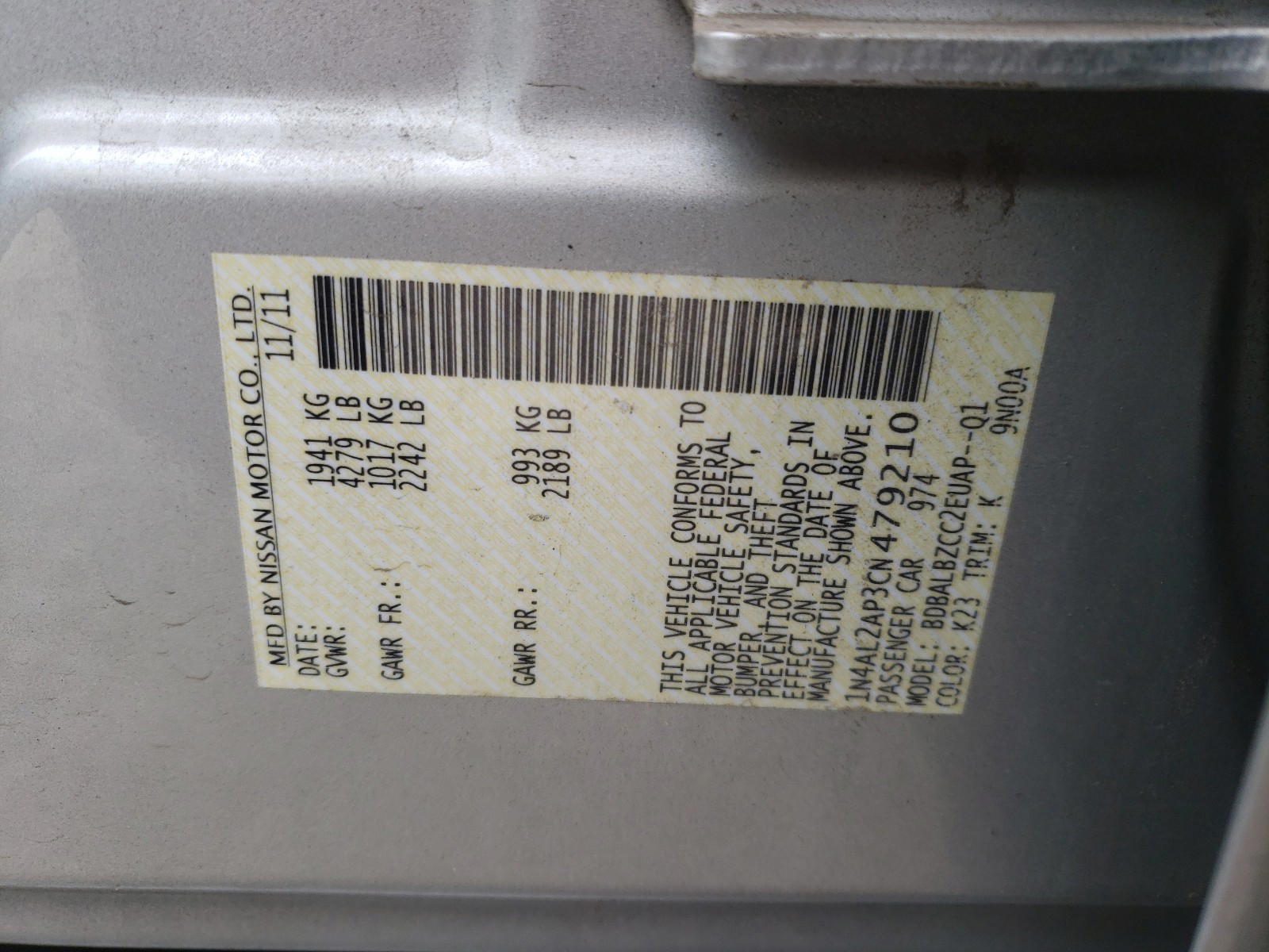 Photo 10 from auction – 2012 NISSAN ALTIMA BAS with VIN 1N4AL2AP3CN479210