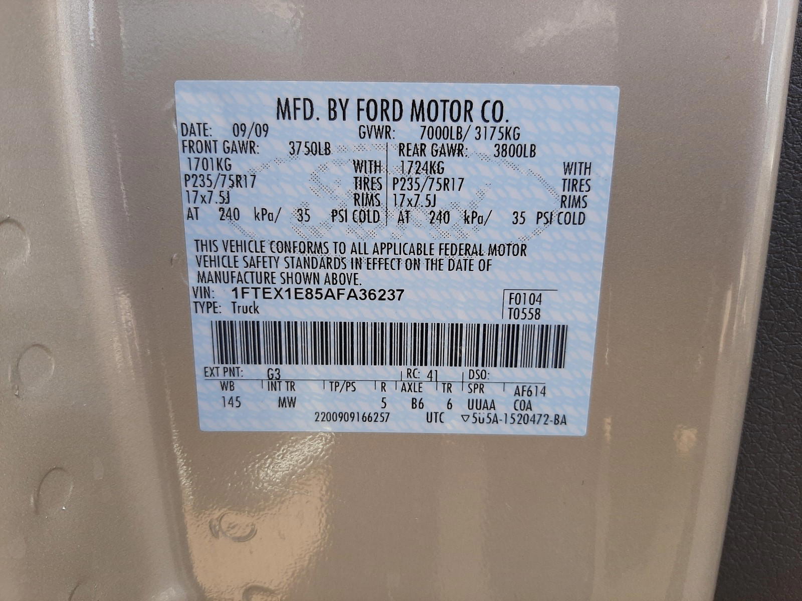 Photo 10 from auction – 2010 FORD F150 SUPER with VIN 1FTEX1E85AFA36237