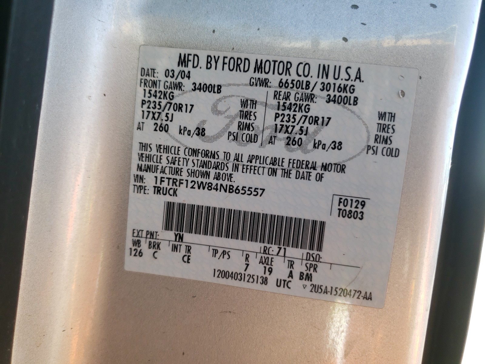 Zdjęcie 10 z aukcji – 2004 FORD F150 z VIN 1FTRF12W84NB65557