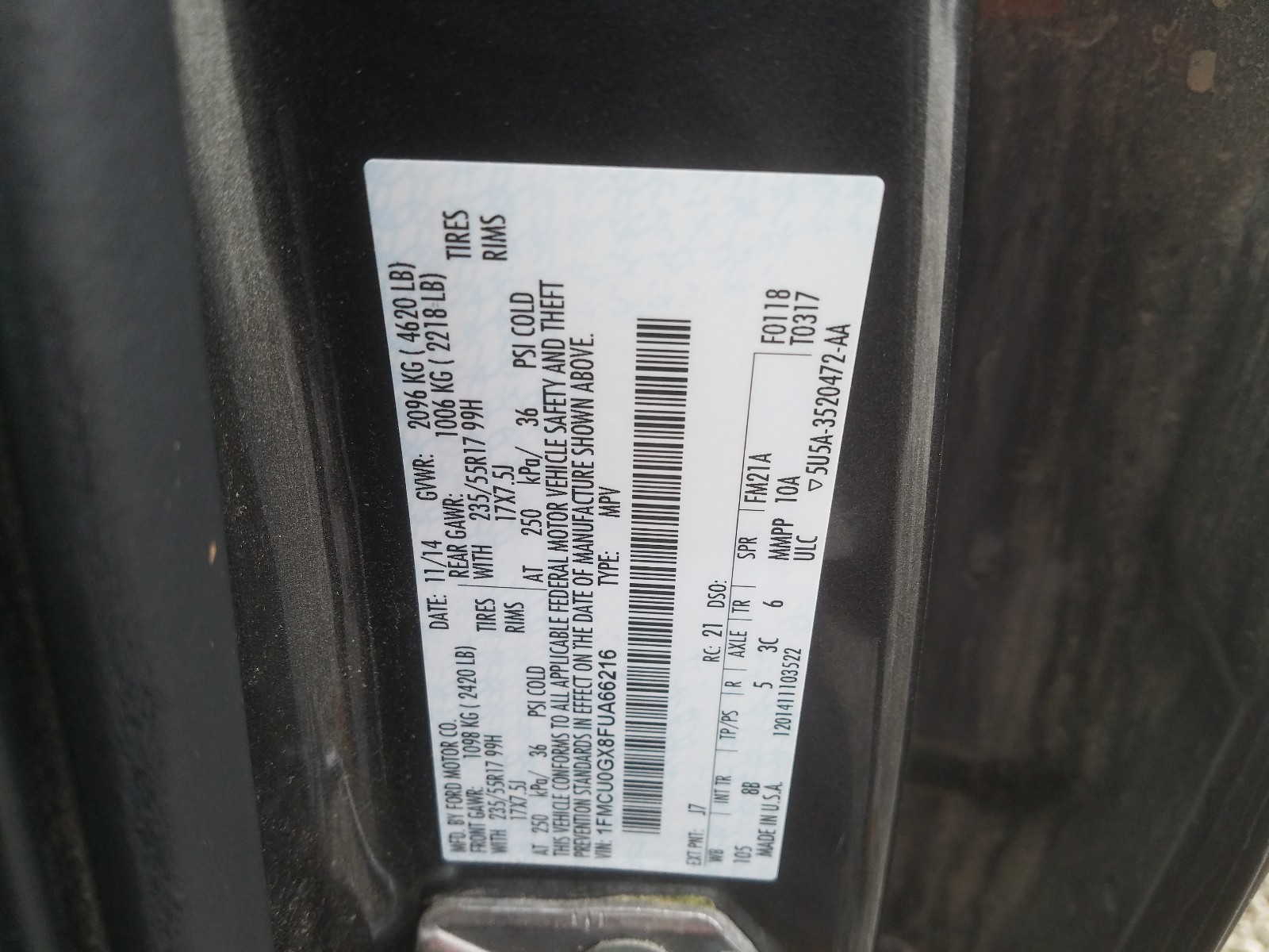 Photo 10 from auction – 2015 FORD ESCAPE SE with VIN 1FMCU0GX8FUA66216