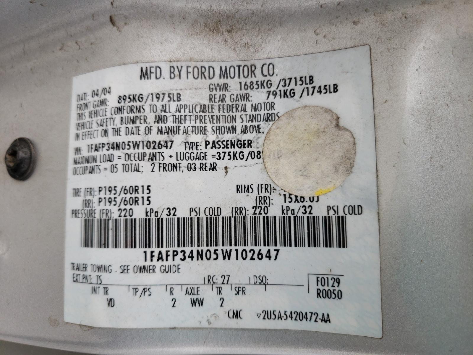 Photo 10 from auction – 2005 FORD FOCUS ZX4 with VIN 1FAFP34N05W102647