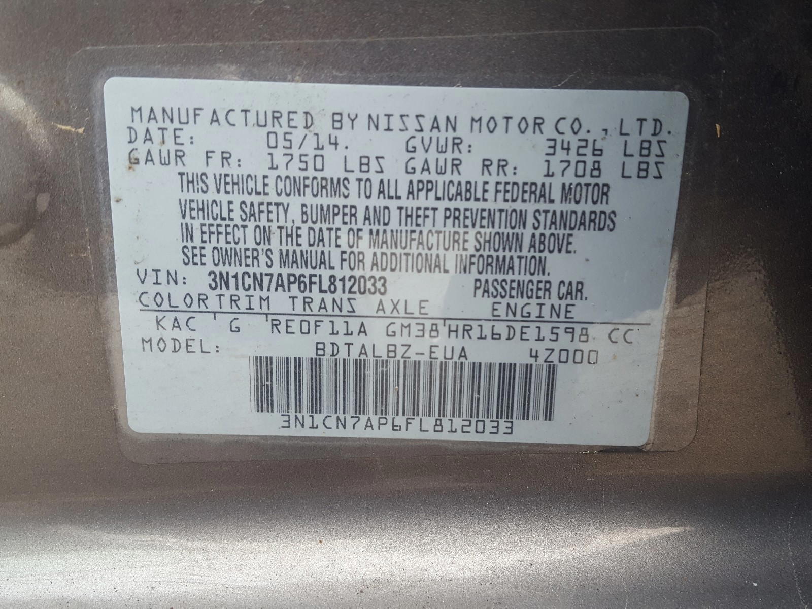 Photo 10 from auction – 2015 NISSAN VERSA with VIN 3N1CN7AP6FL812033