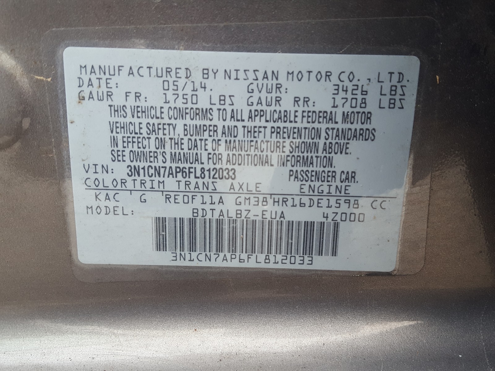 Zdjęcie 10 z aukcji – 2015 NISSAN VERSA z VIN 3N1CN7AP6FL812033