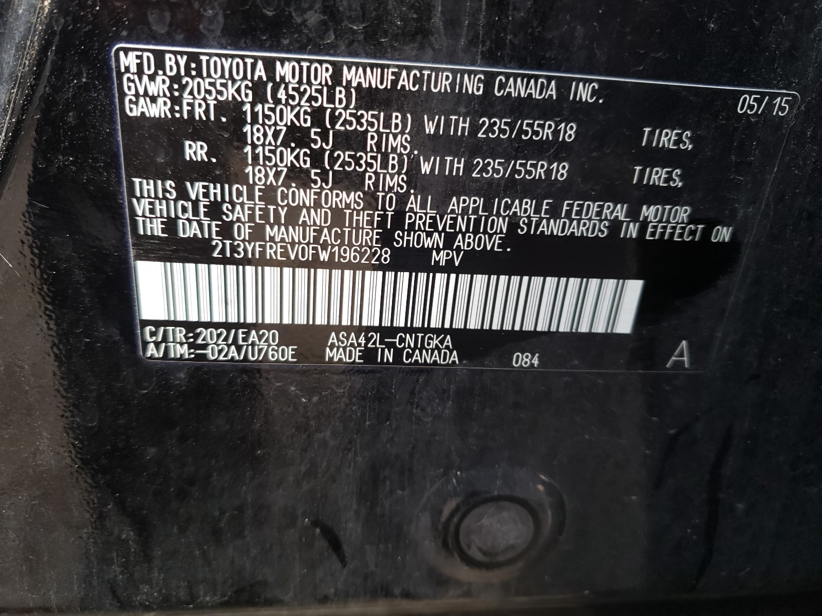 Photo 10 from auction – 2015 TOYOTA RAV4 LIMIT with VIN 2T3YFREV0FW196228