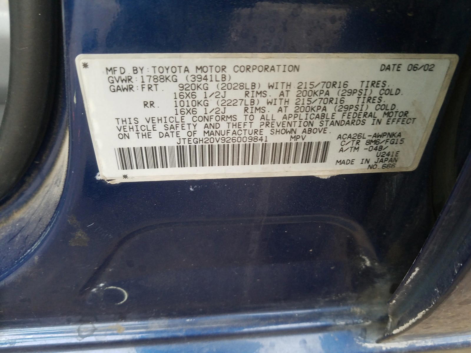 Photo 10 from auction – 2002 TOYOTA RAV4 with VIN JTEGH20V926009841