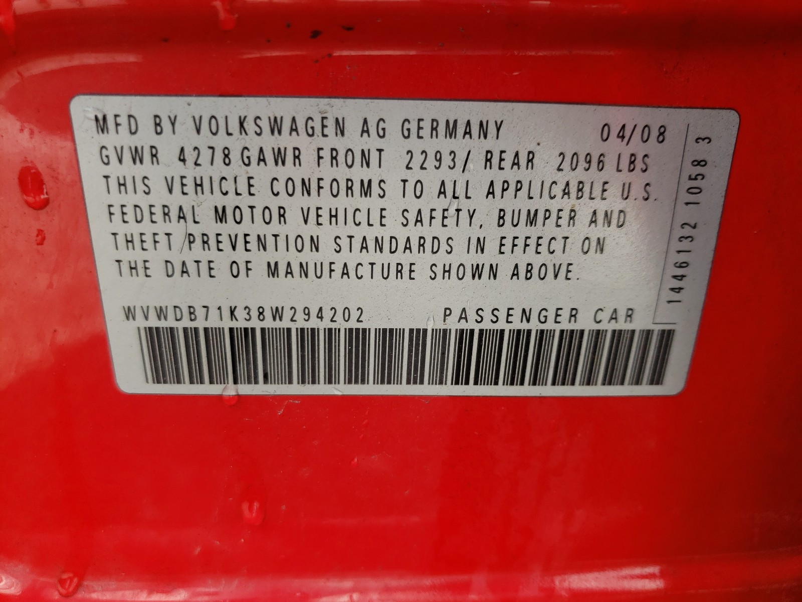 Photo 10 from auction – 2008 VOLKSWAGEN RABBIT with VIN WVWDB71K38W294202