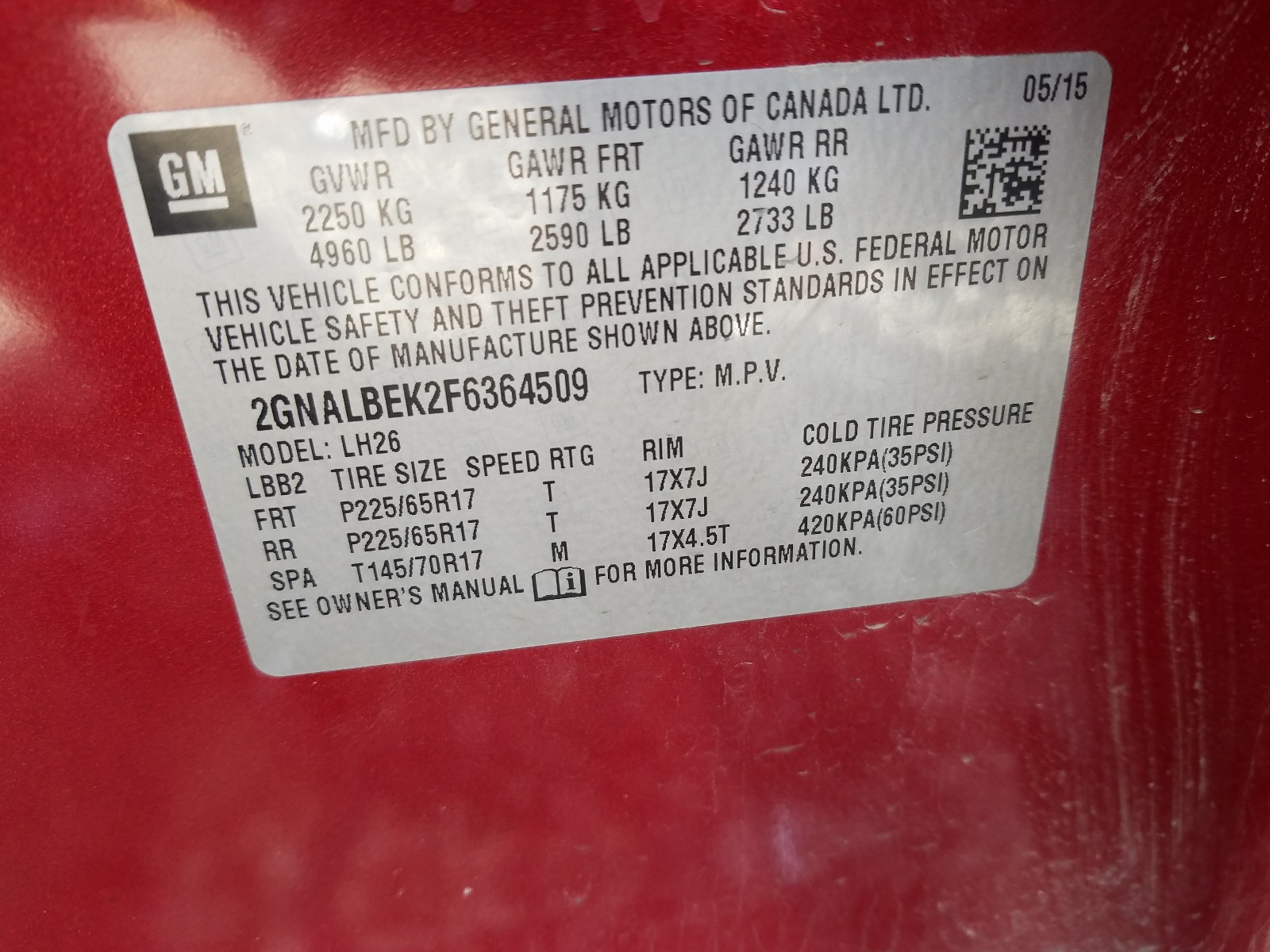 Photo 10 from auction – 2015 CHEVROLET EQUINOX LT with VIN 2GNALBEK2F6364509