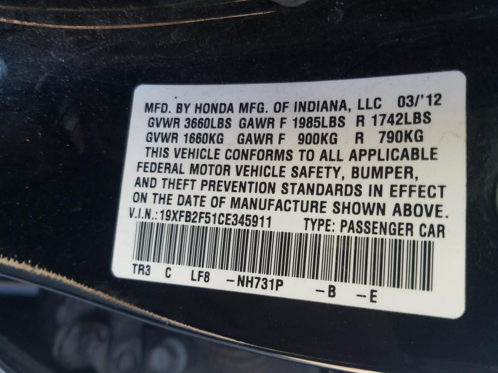 Photo 10 from auction – 2012 HONDA CIVIC LX with VIN 19XFB2F51CE345911