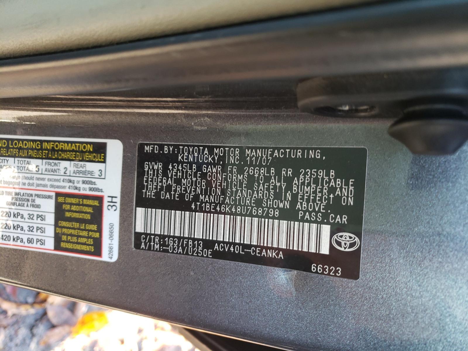 Photo 10 from auction – 2008 TOYOTA CAMRY CE with VIN 4T1BE46K48U768798