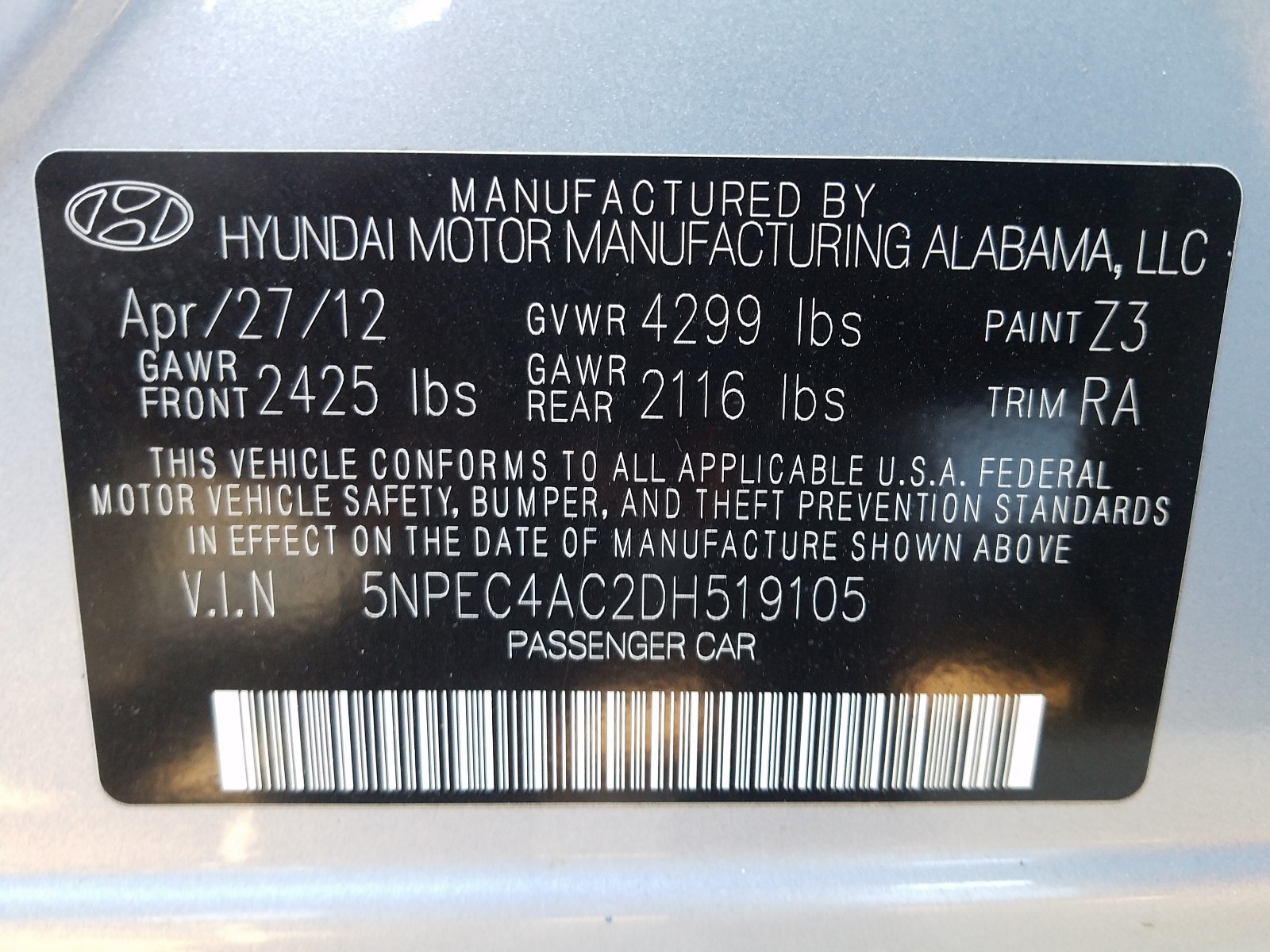 Photo 10 from auction – 2013 HYUNDAI SONATA SE with VIN 5NPEC4AC2DH519105