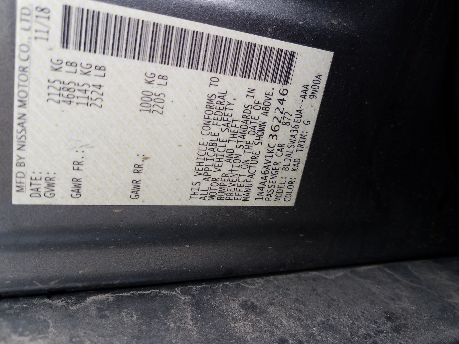 Photo 10 from auction – 2019 NISSAN MAXIMA S with VIN 1N4AA6AV1KC362246