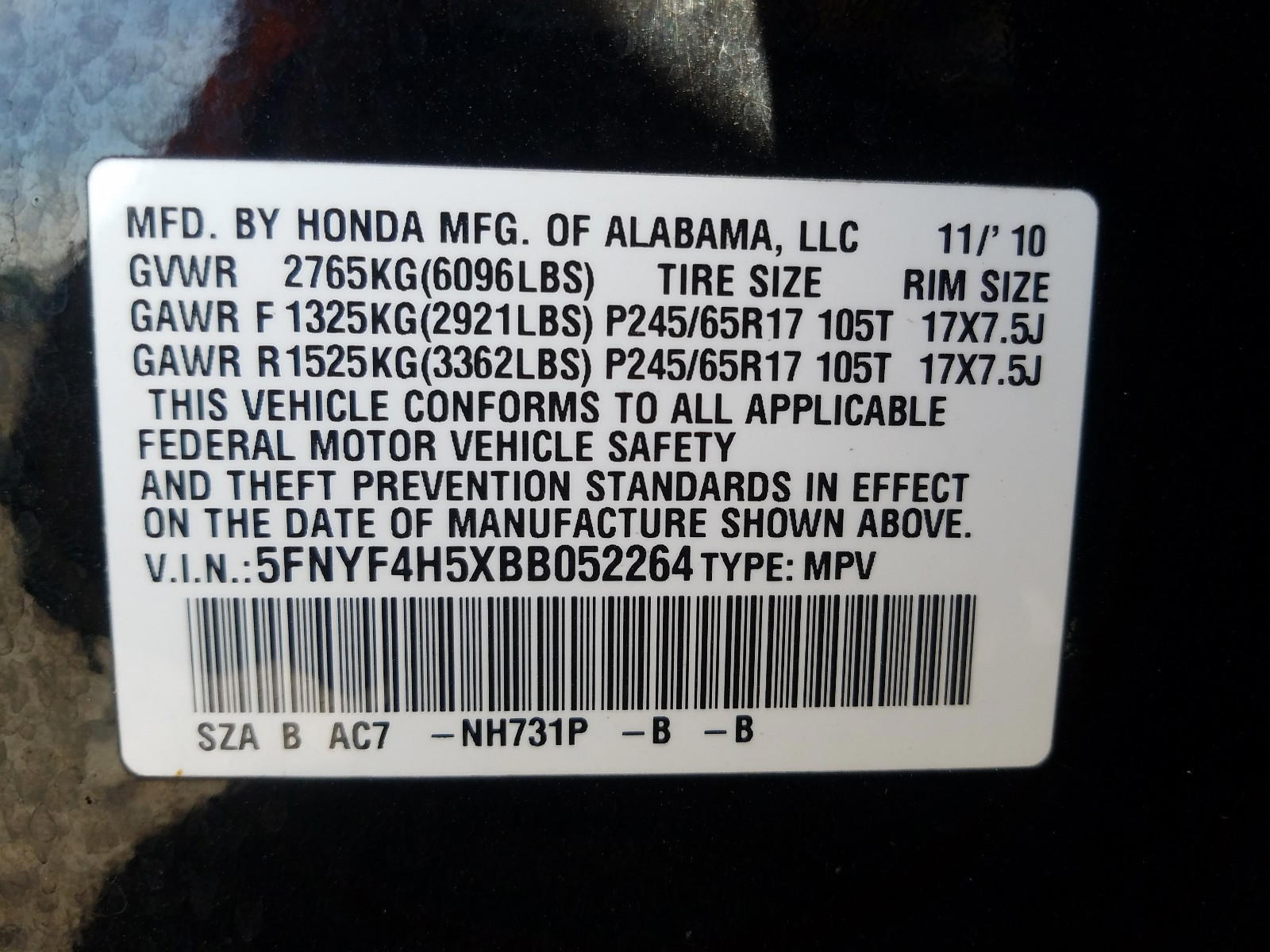 Photo 10 from auction – 2011 HONDA PILOT EXL with VIN 5FNYF4H5XBB052264