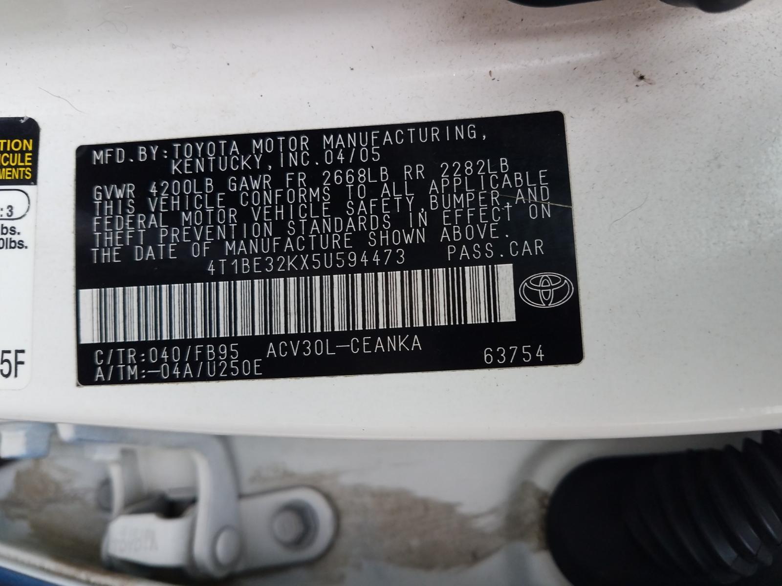 Photo 10 from auction – 2005 TOYOTA CAMRY LE with VIN 4T1BE32KX5U594473