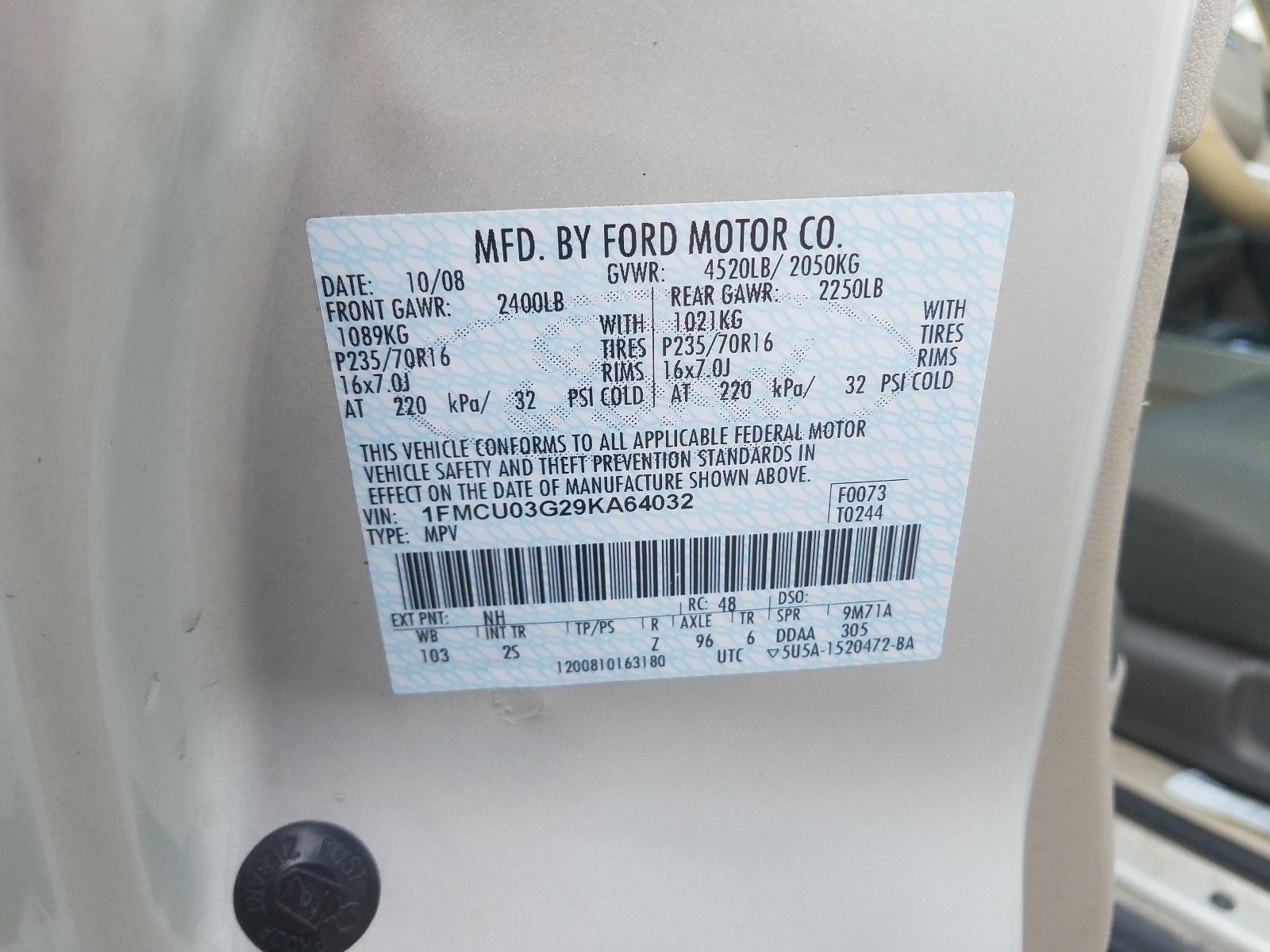 Photo 10 from auction – 2009 FORD ESCAPE XLT with VIN 1FMCU03G29KA64032