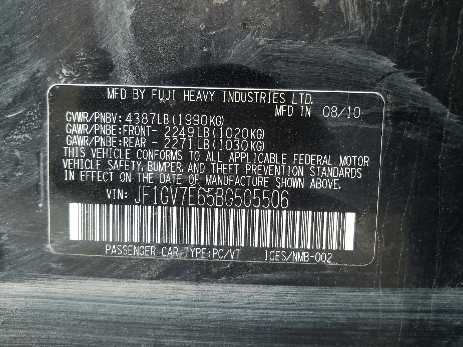 Photo 10 from auction – 2011 SUBARU IMPREZA WR with VIN JF1GV7E65BG505506