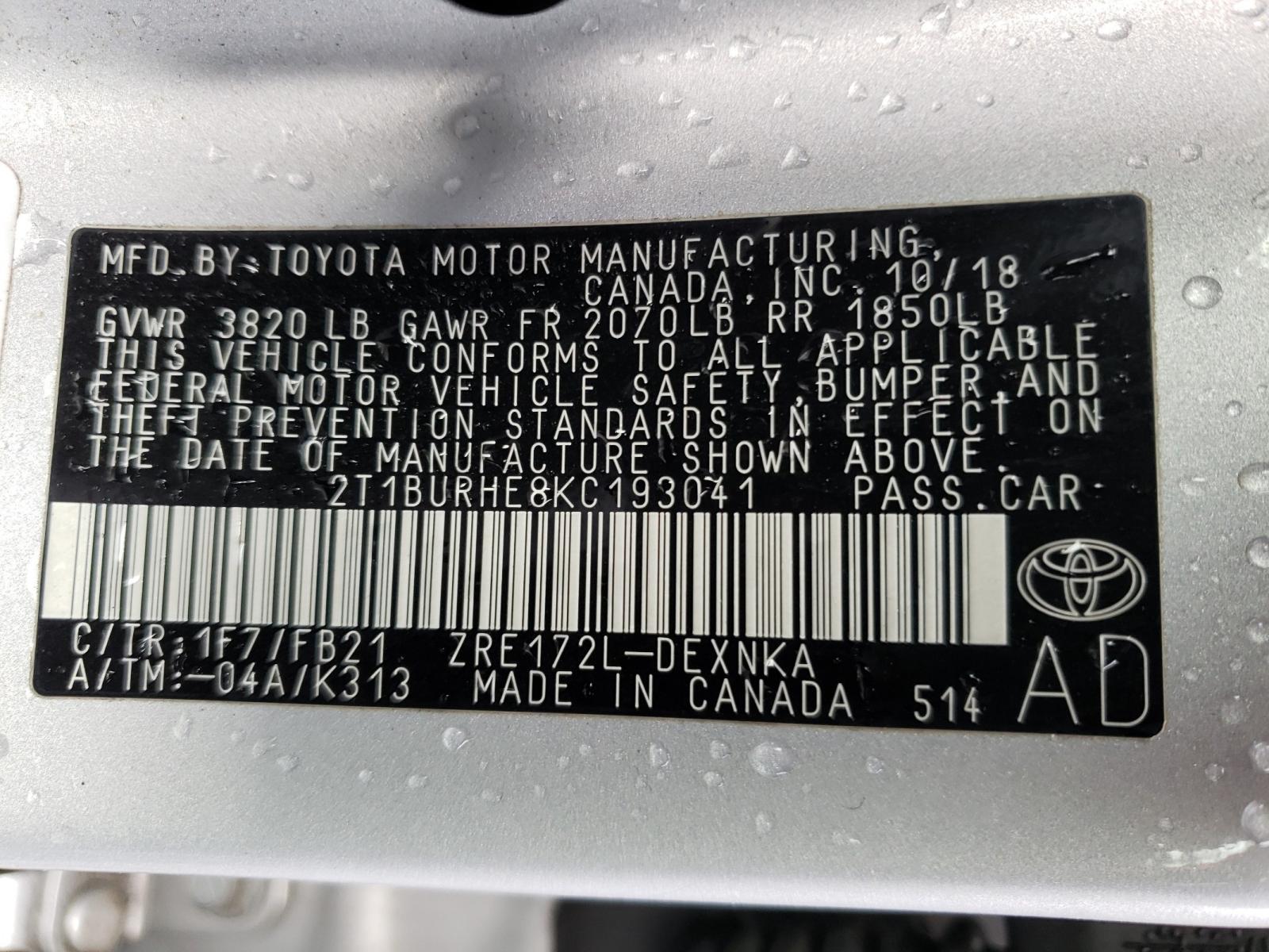 Photo 10 from auction – 2019 TOYOTA COROLLA L with VIN 2T1BURHE8KC193041