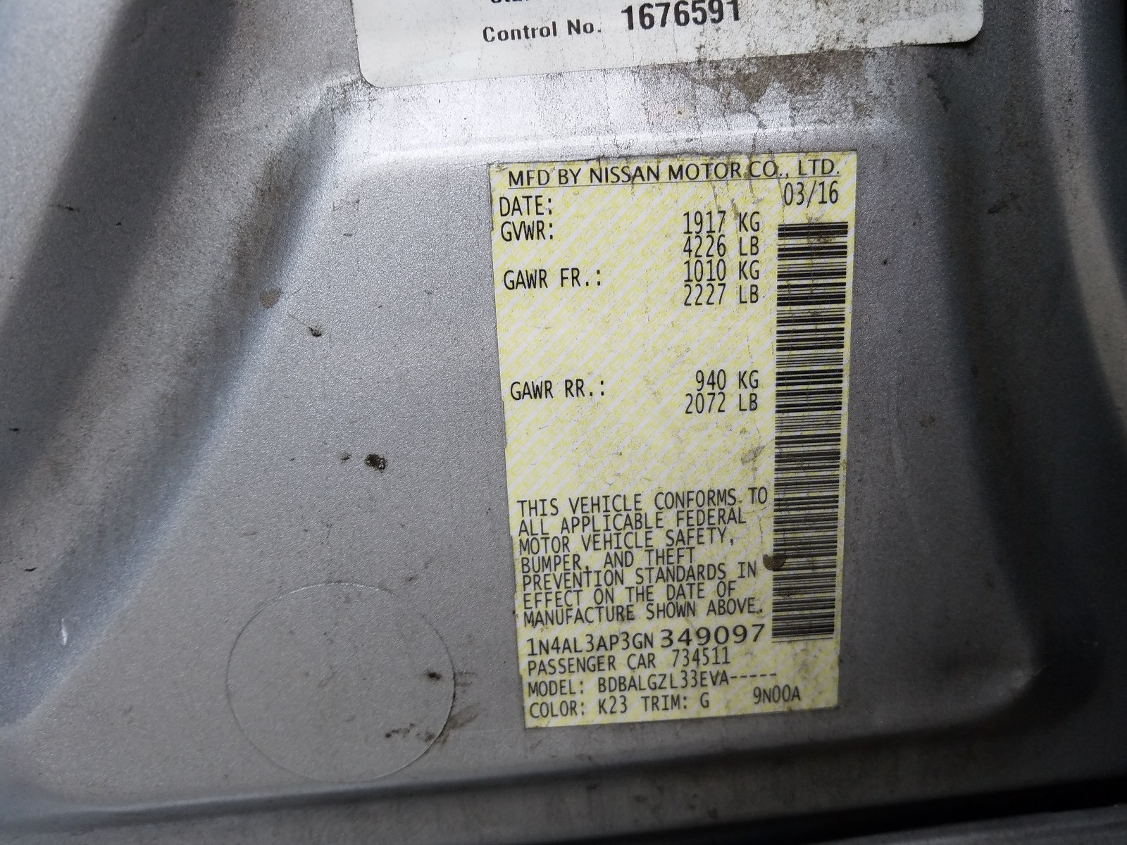 Photo 10 from auction – 2016 NISSAN ALTIMA 2.5 with VIN 1N4AL3AP3GN349097