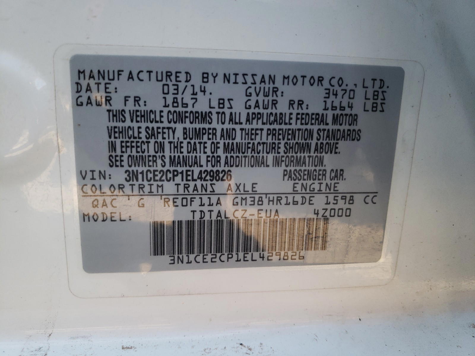 Photo 10 from auction – 2014 NISSAN VERSA NOTE with VIN 3N1CE2CP1EL429826