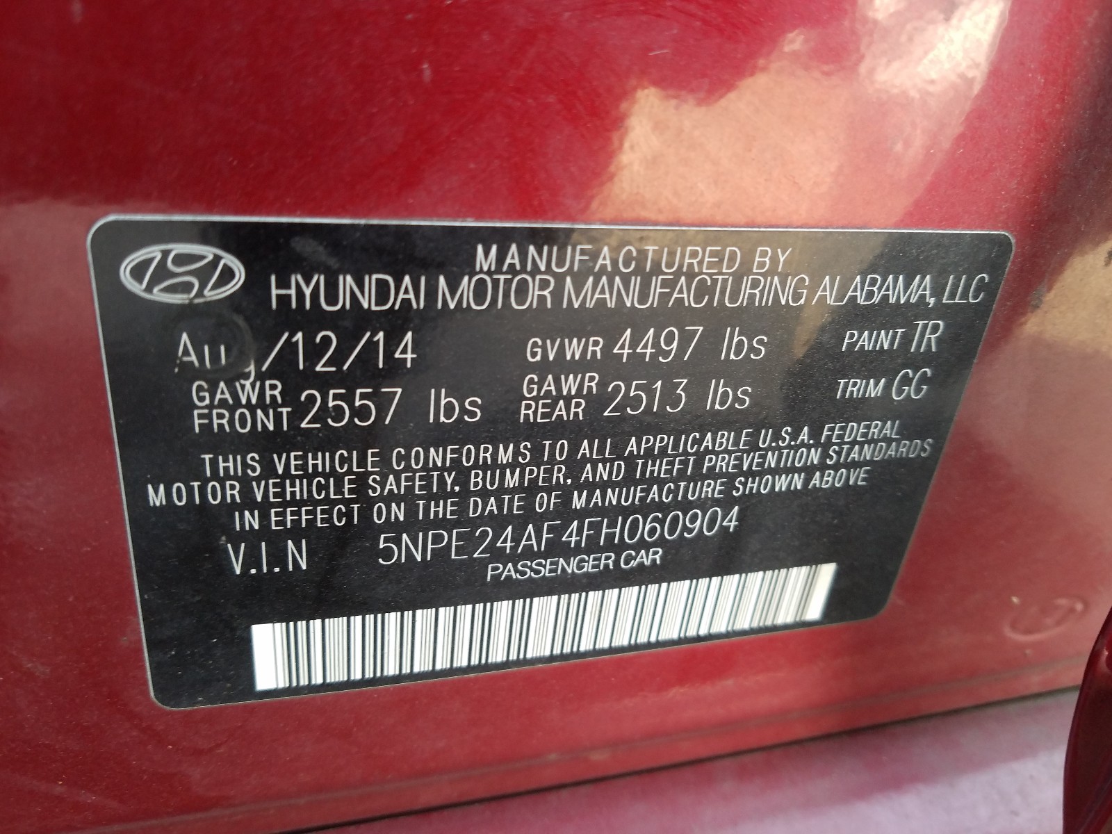 Photo 10 from auction – 2015 HYUNDAI SONATA SE with VIN 5NPE24AF4FH060904