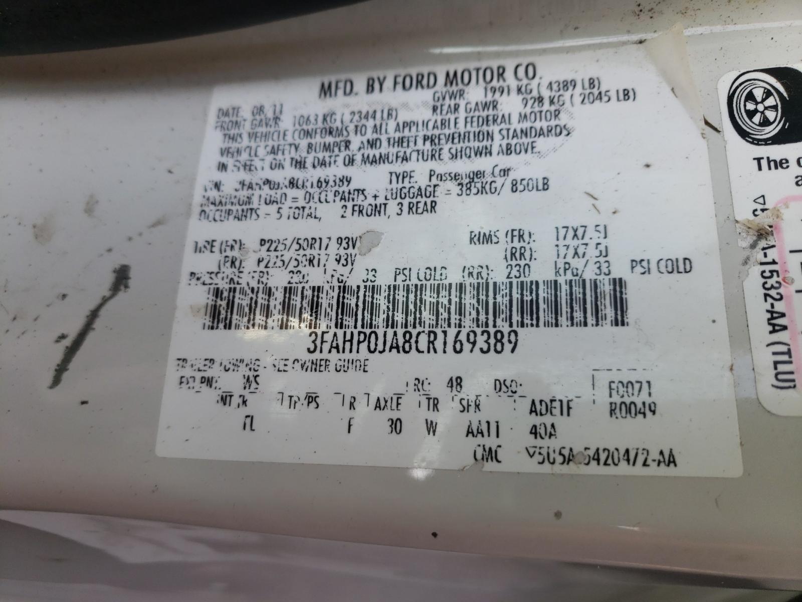 Photo 10 from auction – 2012 FORD FUSION SEL with VIN 3FAHP0JA8CR169389