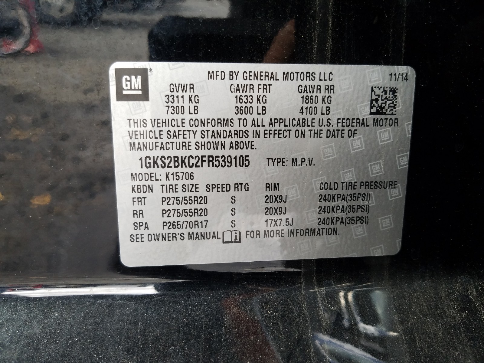 Photo 10 from auction – 2015 GMC YUKON SLT with VIN 1GKS2BKC2FR539105