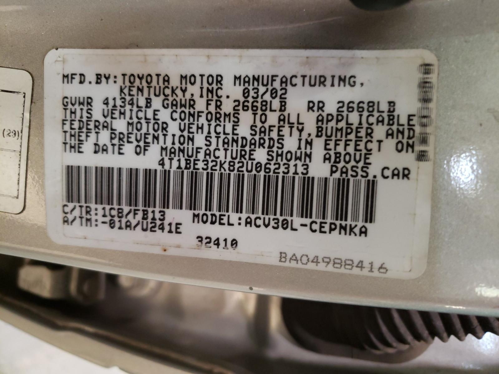 Photo 10 from auction – 2002 TOYOTA CAMRY LE with VIN 4T1BE32K82U062313