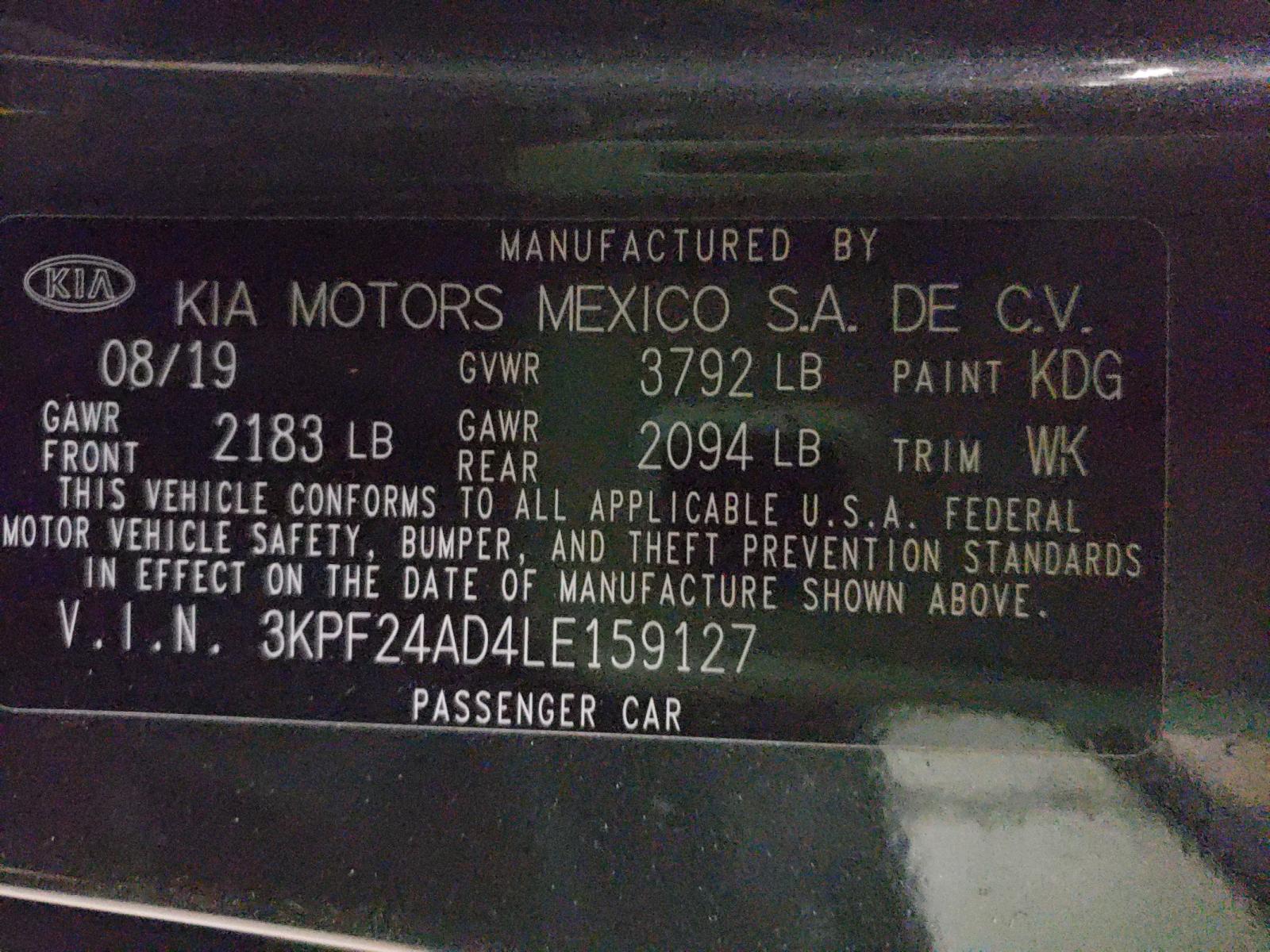 Photo 10 from auction – 2020 KIA FORTE FE with VIN 3KPF24AD4LE159127