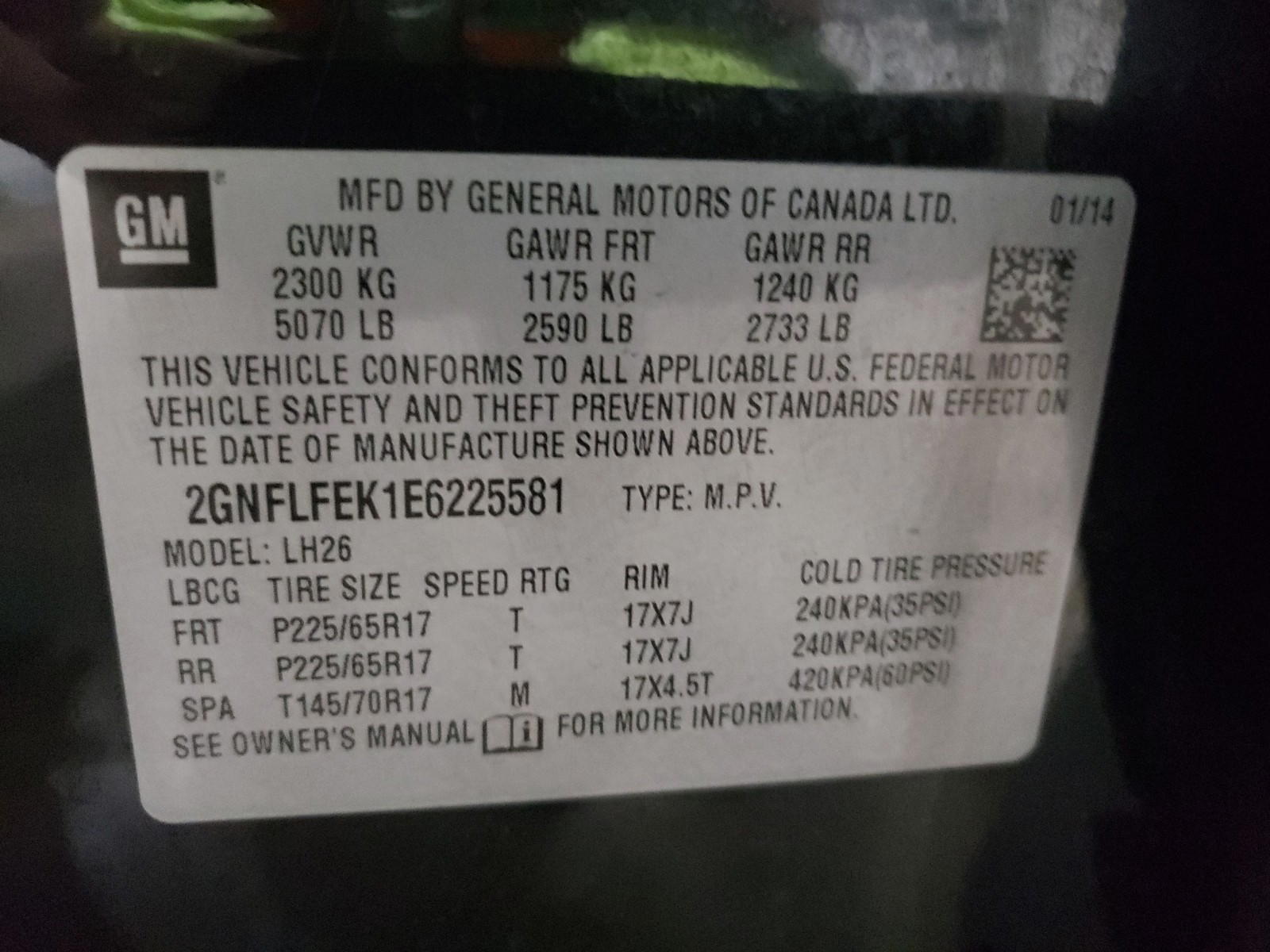 Photo 10 from auction – 2014 CHEVROLET EQUINOX LT with VIN 2GNFLFEK1E6225581