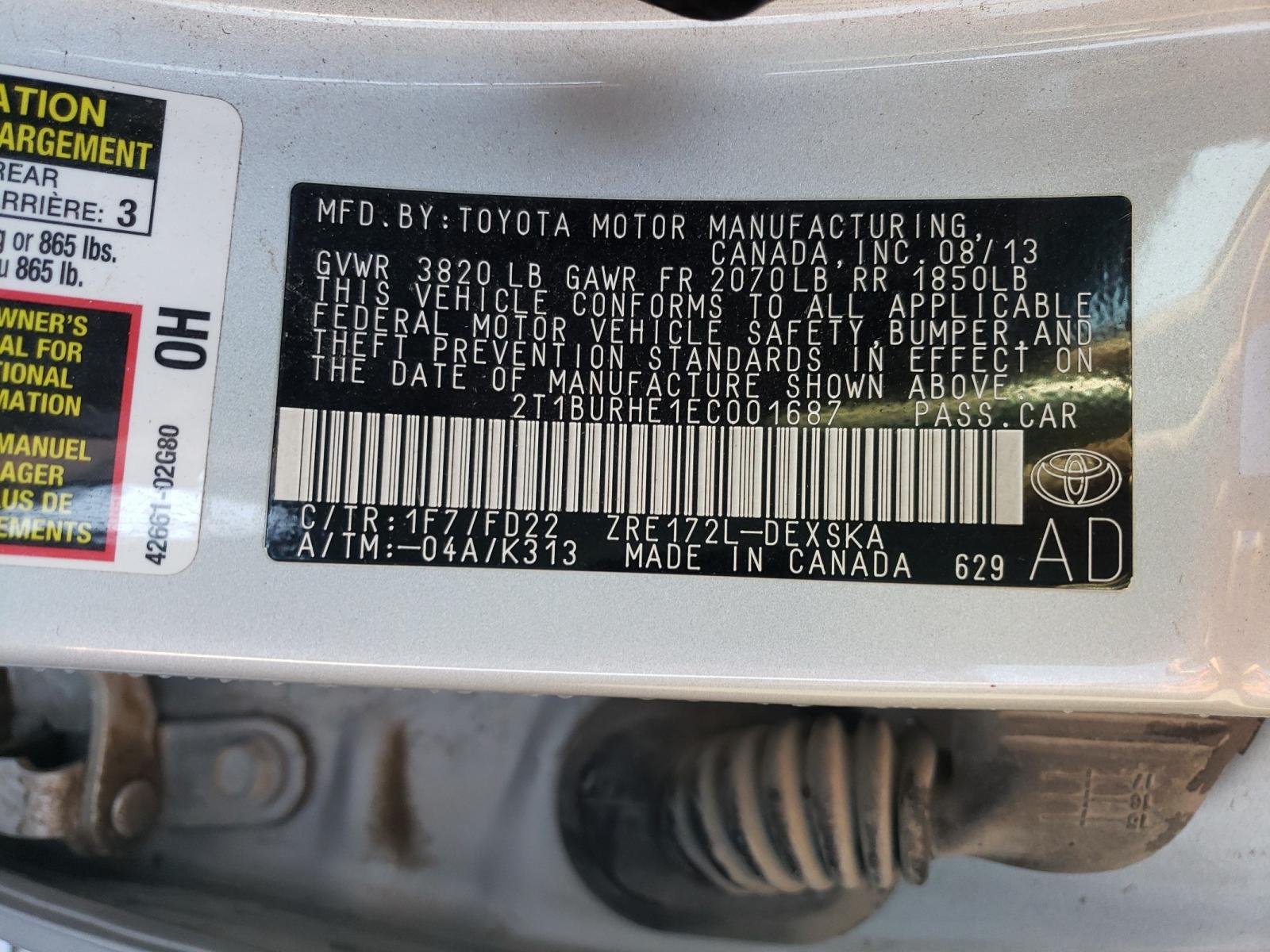 Photo 10 from auction – 2014 TOYOTA COROLLA L with VIN 2T1BURHE1EC001687