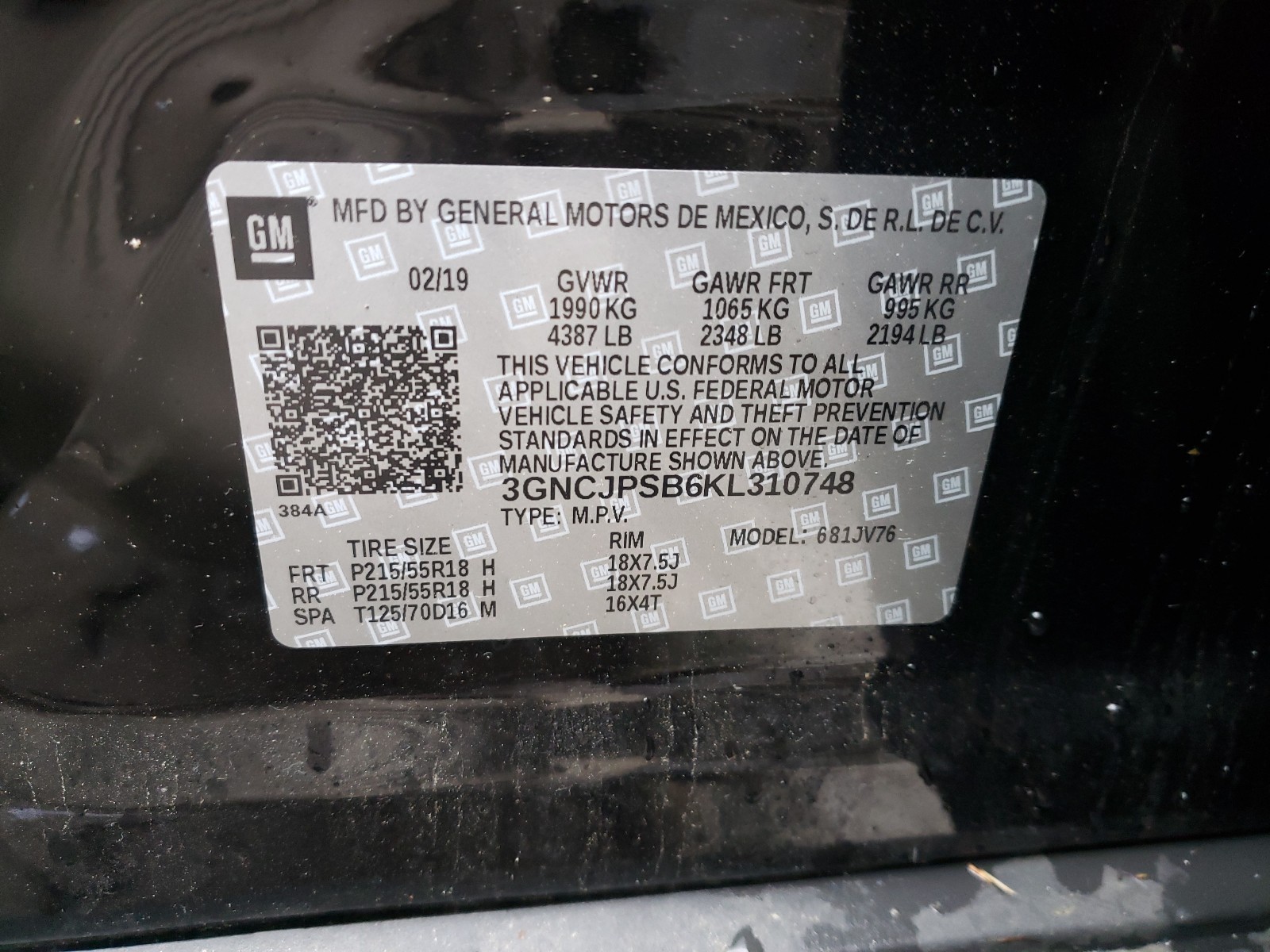Photo 10 from auction – 2019 CHEVROLET TRAX 1LT with VIN 3GNCJPSB6KL310748
