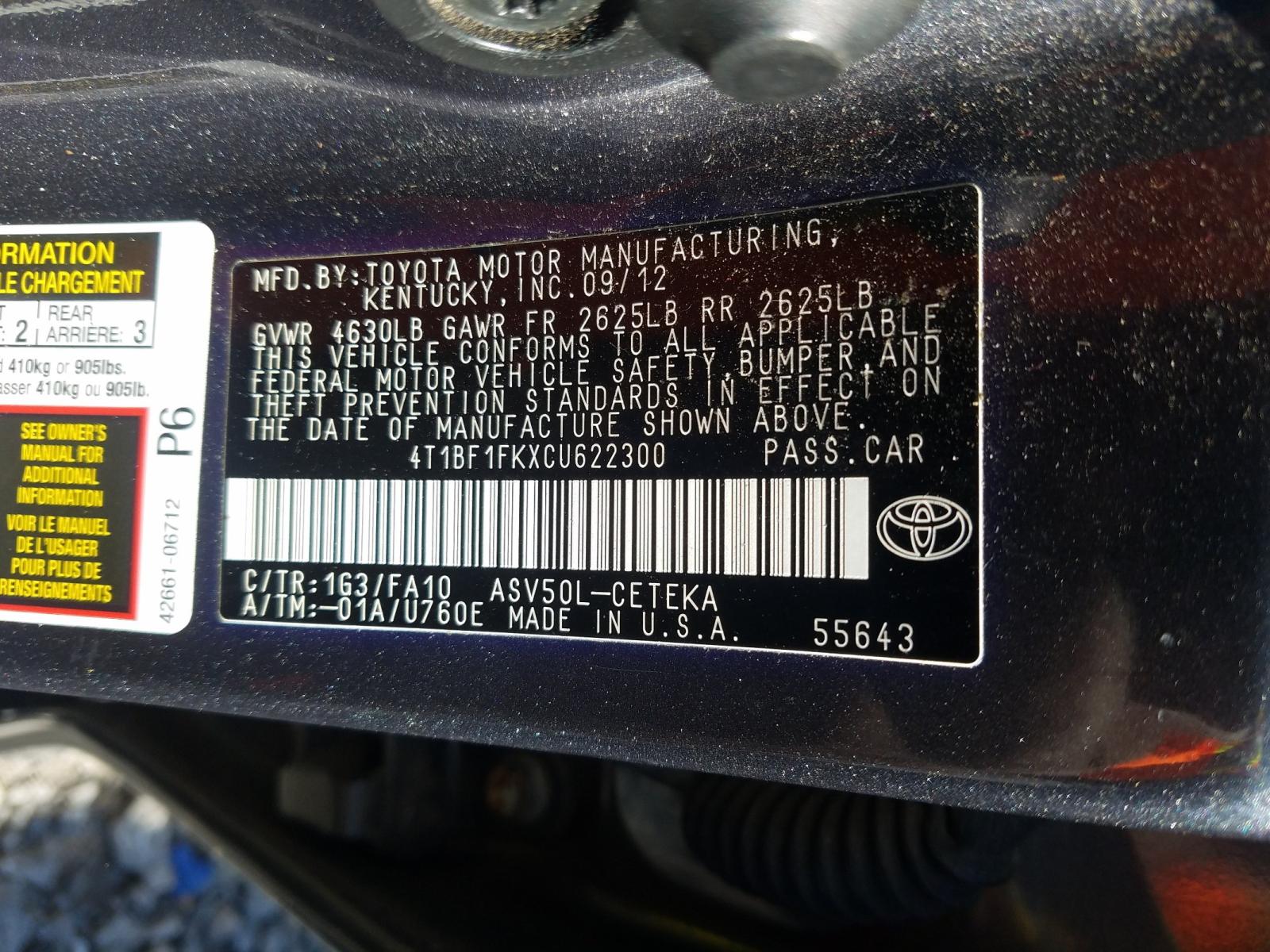 Photo 10 from auction – 2012 TOYOTA CAMRY BASE with VIN 4T1BF1FKXCU622300