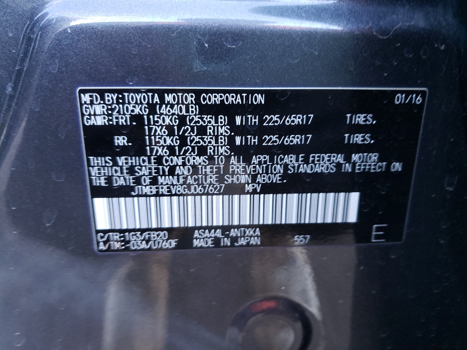 Photo 10 from auction – 2016 TOYOTA RAV4 LE with VIN JTMBFREV8GJ067627