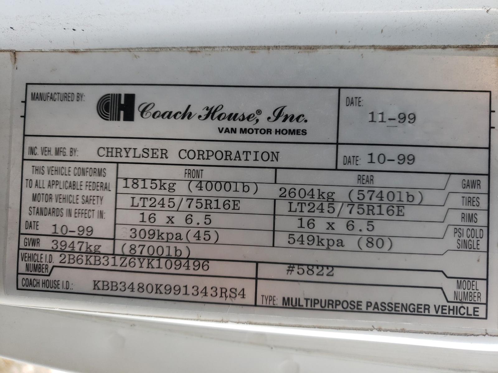 Photo 10 from auction – 2000 COAH TL with VIN 2B6KB31Z6YK109496