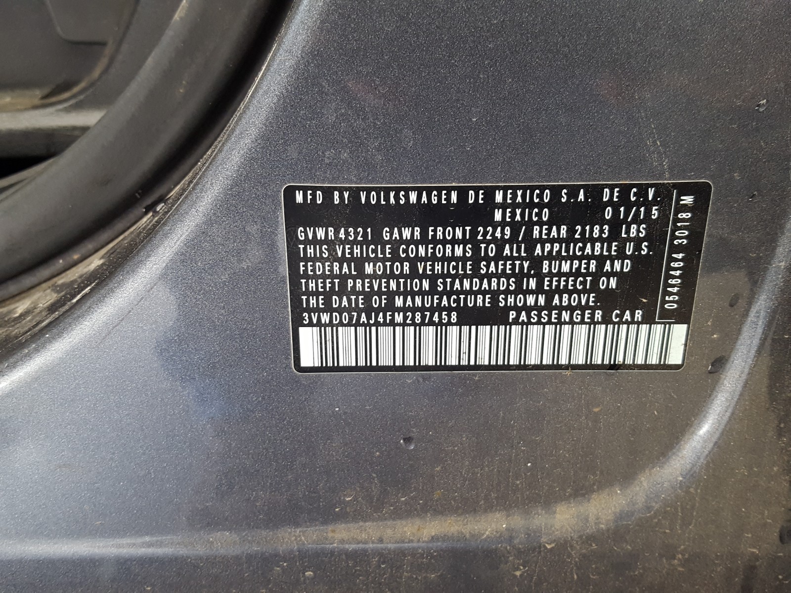 Photo 10 from auction – 2015 VOLKSWAGEN JETTA with VIN 3VWD07AJ4FM287458
