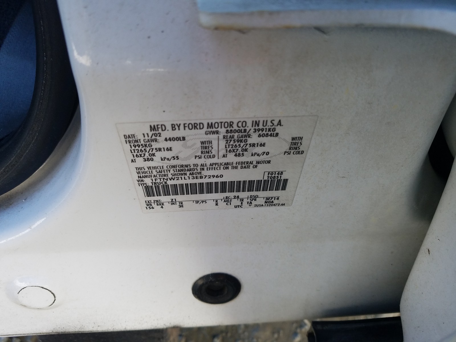 Photo 10 from auction – 2003 FORD F250 SUPER with VIN 1FTNW21L13EB72960
