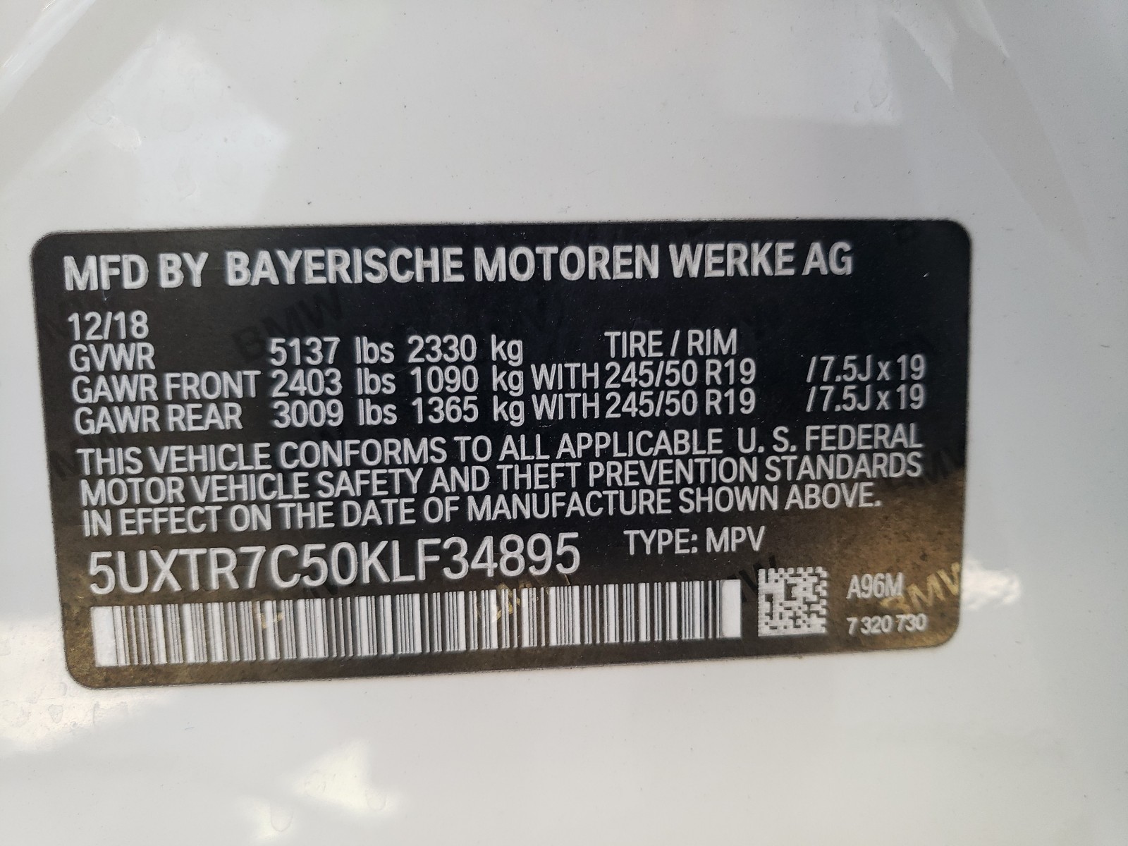 Photo 10 from auction – 2019 BMW X3 SDRIVE3 with VIN 5UXTR7C50KLF34895