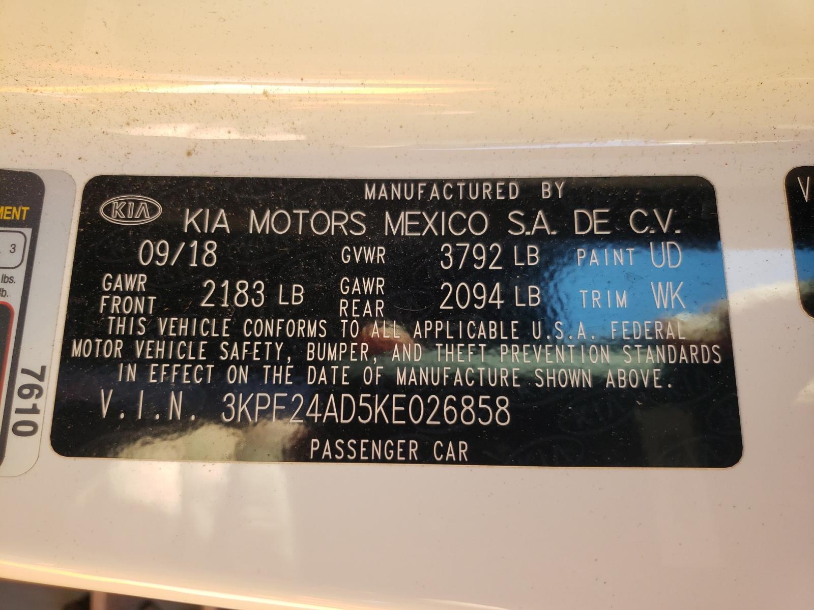 Photo 10 from auction – 2019 KIA FORTE FE with VIN 3KPF24AD5KE026858