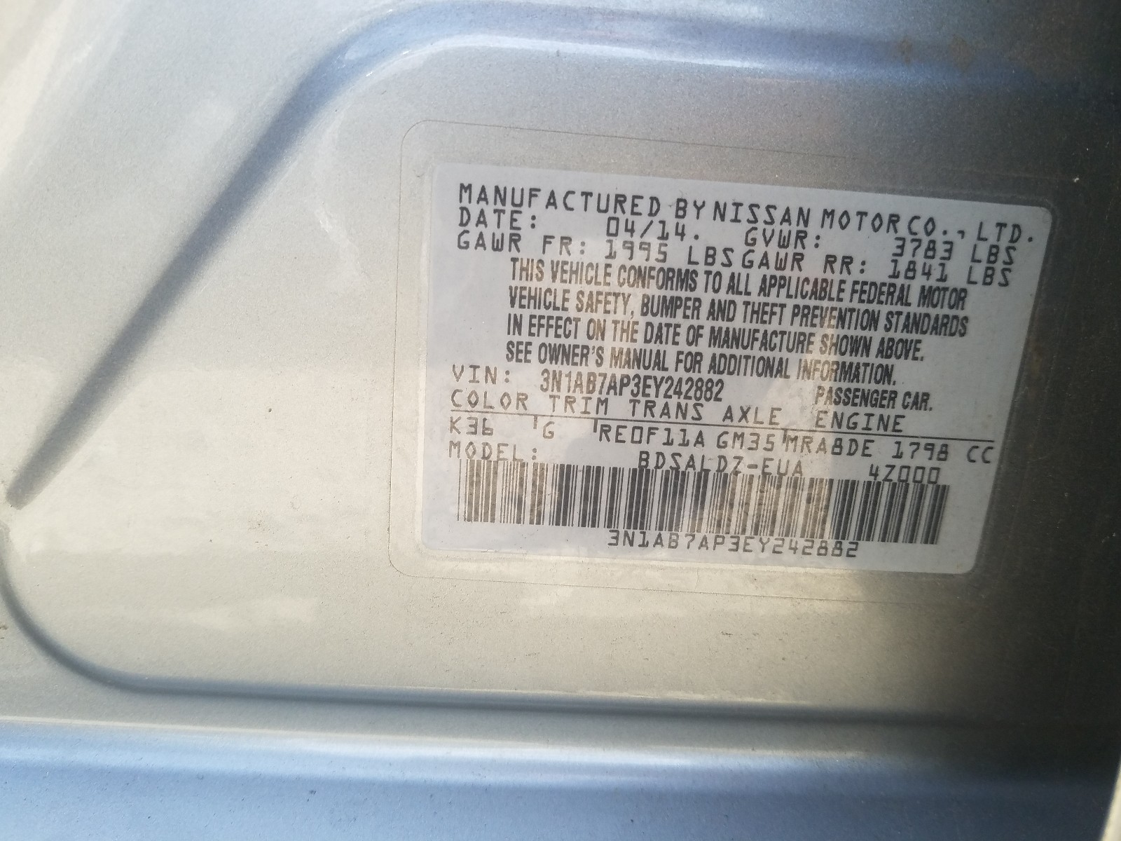 Photo 10 from auction – 2014 NISSAN SENTRA S with VIN 3N1AB7AP3EY242882