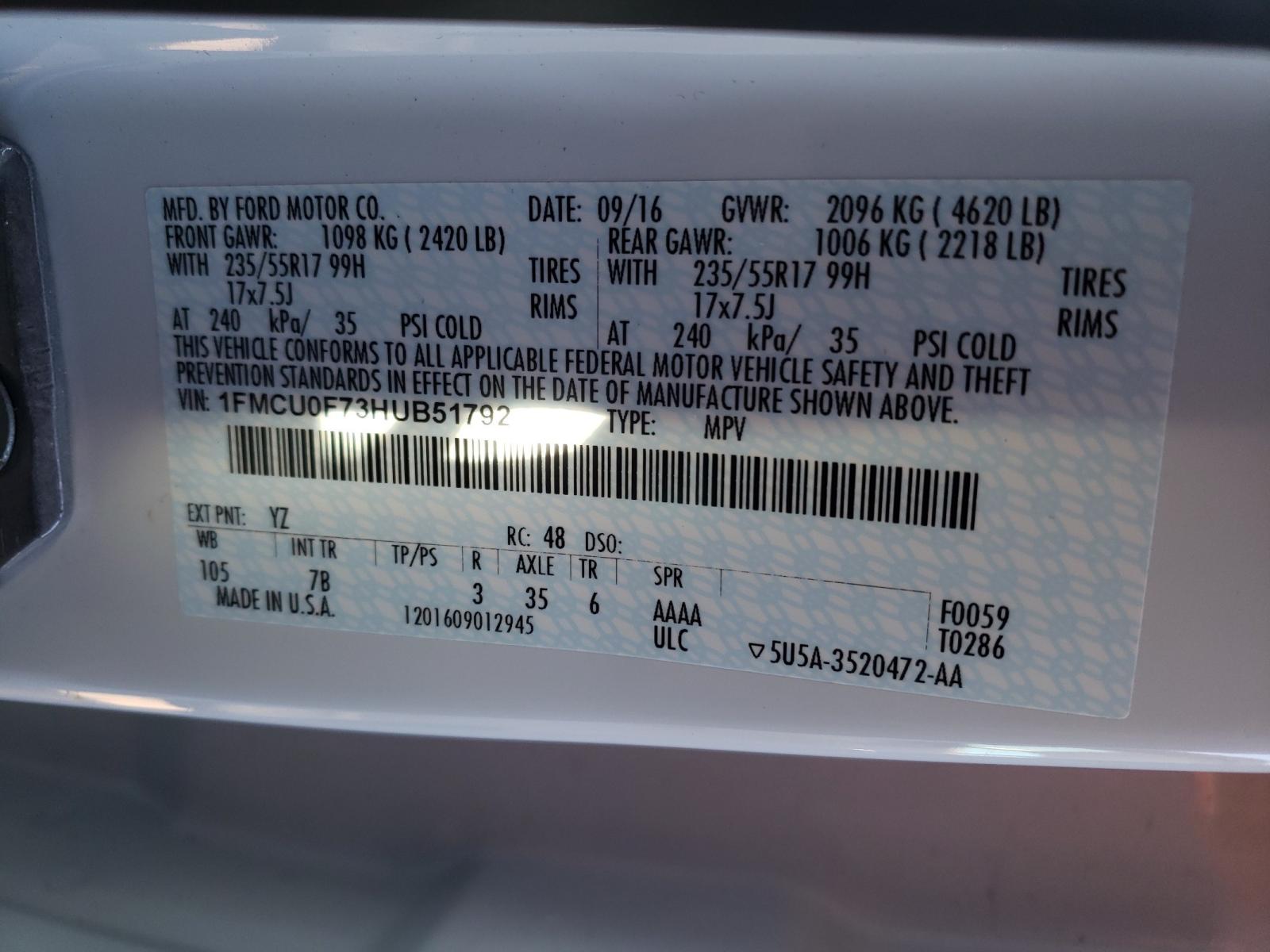 Zdjęcie 10 z aukcji – 2017 FORD ESCAPE S z VIN 1FMCU0F73HUB51792
