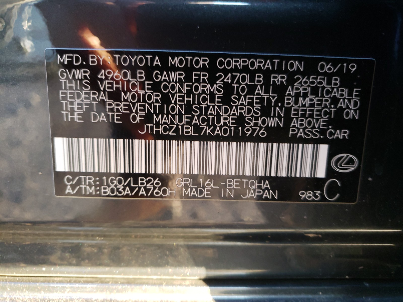 Photo 10 from auction – 2019 LEXUS GS 350 BAS with VIN JTHCZ1BL7KA011976