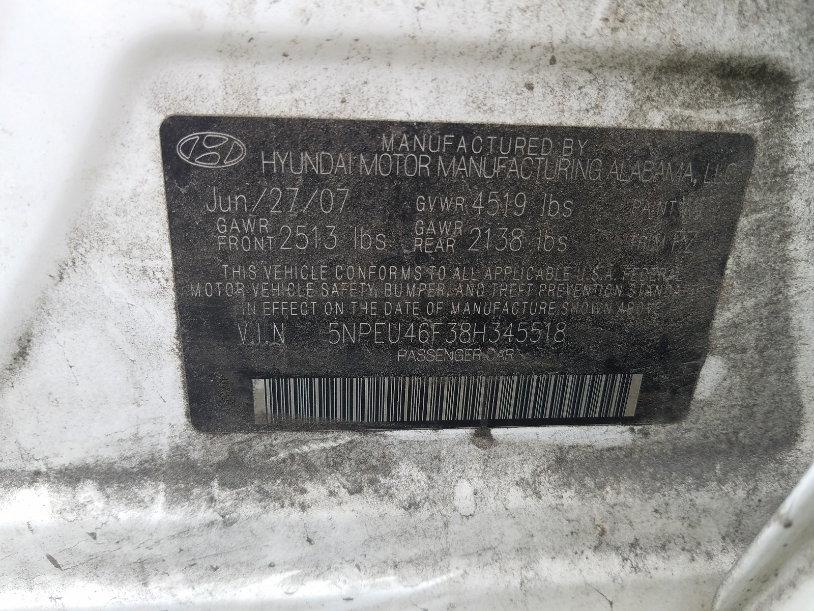 Photo 10 from auction – 2008 HYUNDAI SONATA SE with VIN 5NPEU46F38H345518