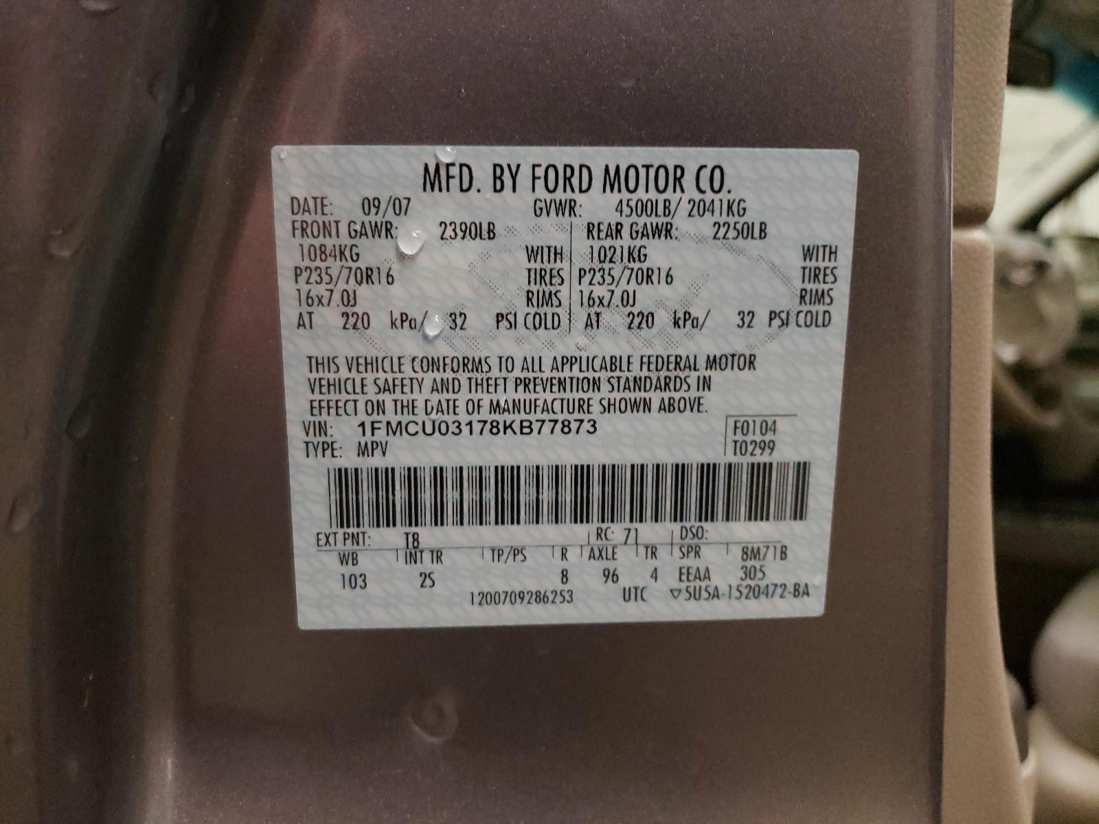Photo 10 from auction – 2008 FORD ESCAPE XLT with VIN 1FMCU03178KB77873