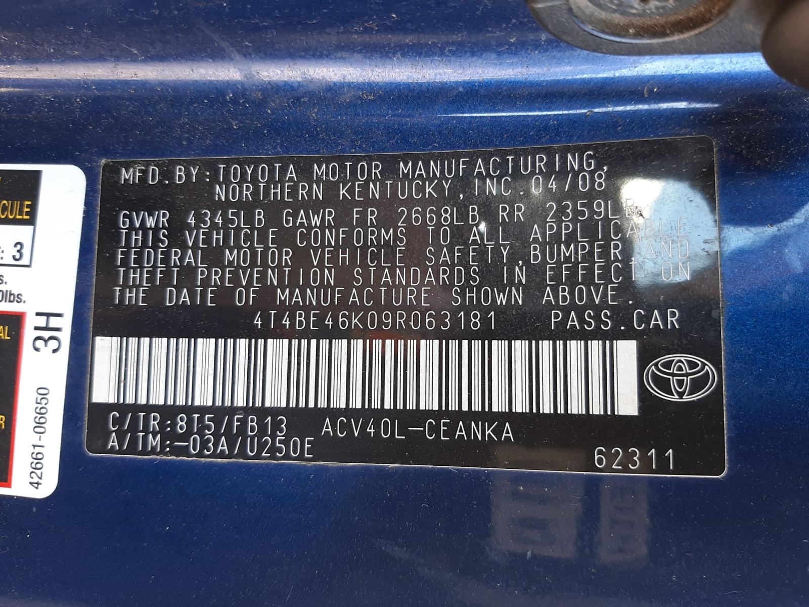 Photo 10 from auction – 2009 TOYOTA CAMRY BASE with VIN 4T4BE46K09R063181