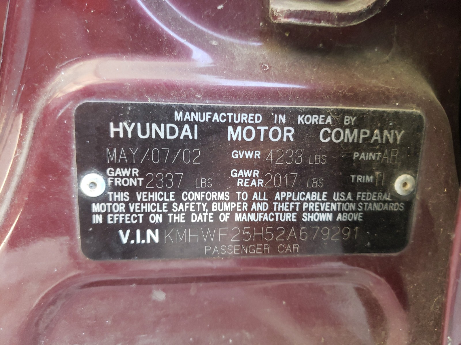 Photo 10 from auction – 2002 HYUNDAI SONATA GL with VIN KMHWF25H52A679291