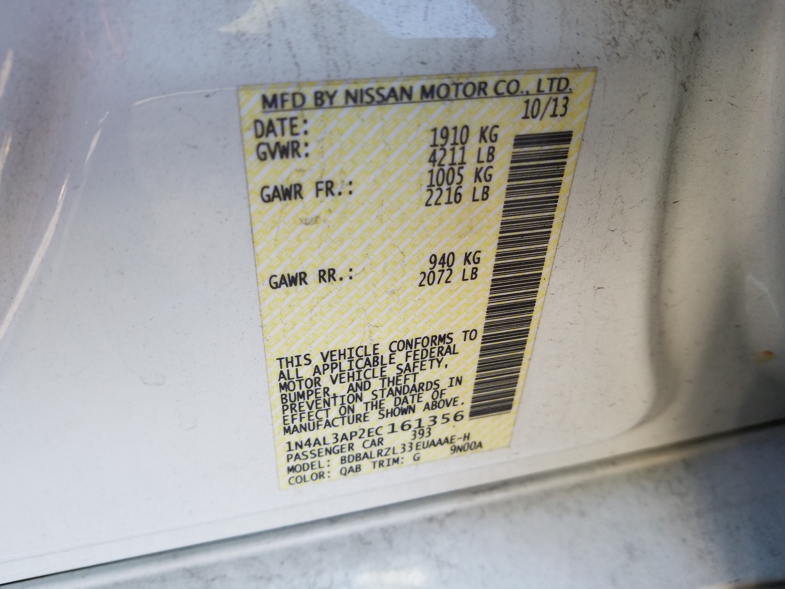 Photo 10 from auction – 2014 NISSAN ALTIMA 2.5 with VIN 1N4AL3AP2EC161356
